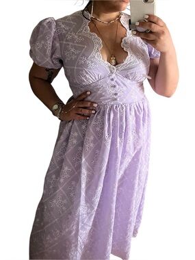 SHEIN Lavender Eyelet Midi Dress with Puff Sleeves